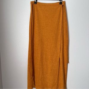 Earthbound Women's Super Soft Mustard Yellow Ribbed High Slit Wrap Maxi Skirt L